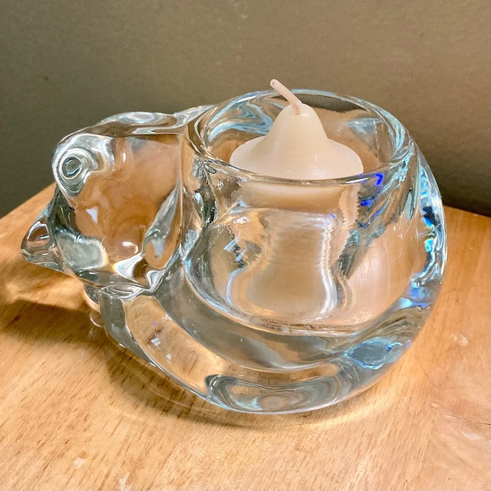 INDIANA GLASS Kitty Cat Glass Votive Candle Holder with Hand Crochet Doily